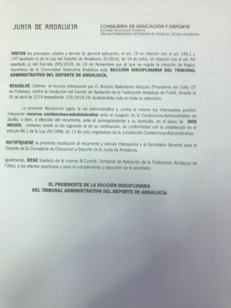 Resolución del Tada que le da la razón al Céltic