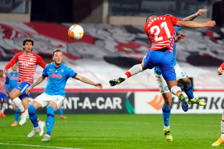 Cabezazo de Yangel Herrera que supuso el primer gol del partido (PEPE VILLOSLADA / GCF) Cabezazo de Yangel Herrera que supuso el primer gol del partido (PEPE VILLOSLADA / GCF)