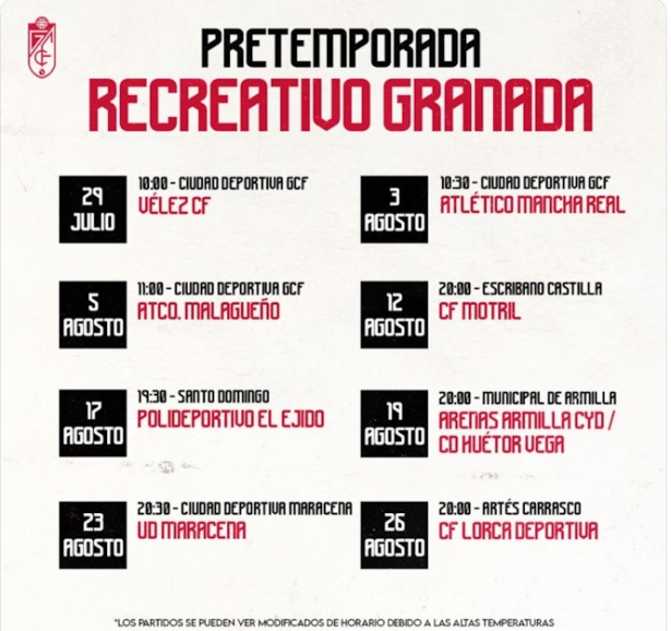 Calendario de partidos de pretemporada del Recreativo (GRANADA CF) Calendario de partidos de pretemporada del Recreativo (GRANADA CF)