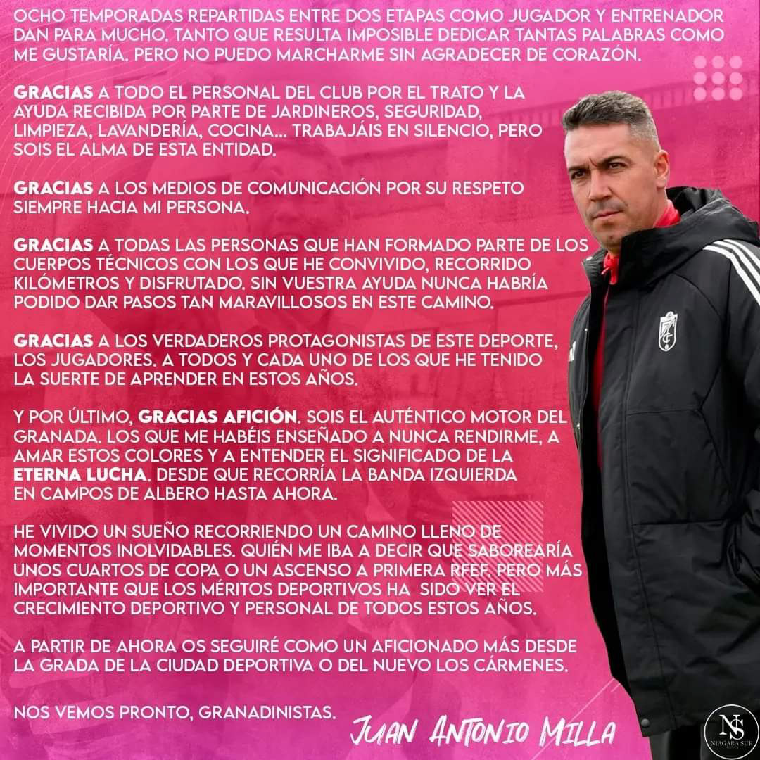 Carta de despedida de Juan Antonio Milla 