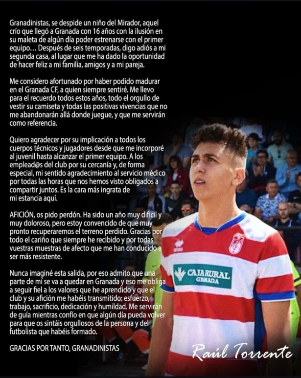 Torrente se h despedido del Granada a través de sus redes sociales (@raul_torrente_) Torrente se h despedido del Granada a través de sus redes sociales (@raul_torrente_)