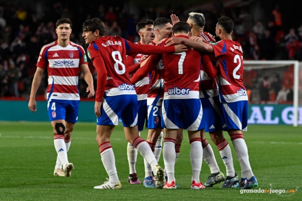 Los jugadores del Granada CF celebran el único gol del encuentro (JOSÉ M. BALDOMERO)