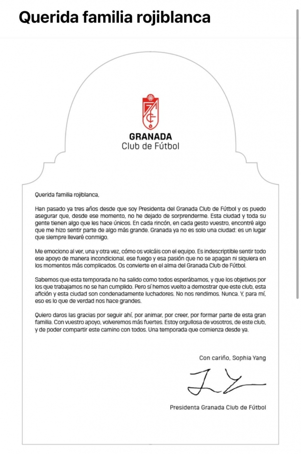 Yang ha mandado una carta a los abonados 