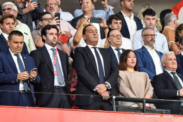 Sophia Yang, presidenta del Granada CF, junto a Alfredo García Amado y Javier Aranguren en el palco (JOSÉ M. BALDOMERO) Sophia Yang, presidenta del Granada CF, junto a Alfredo García Amado y Javier Aranguren en el palco (JOSÉ M. BALDOMERO)