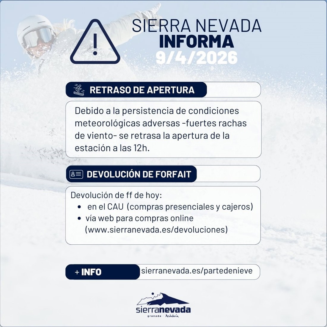 Anuncio del retraso en la apertura de la estación de esquí de Sierra Nevada, pendiente de la evolución del fuerte viento que hay en la zona (RRSS SIERRA NEVADA)