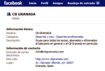 Detalle de la página del CB Granada en la red social de Facebook Detalle de la página del CB Granada en la red social de Facebook