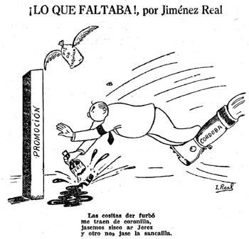 Maolico Hincha se da el batacazo al tropezar con la ‘zancadilla’ cordobesa, según caricatura de Jiménez Real en Ideal de 2 de abril de 1946